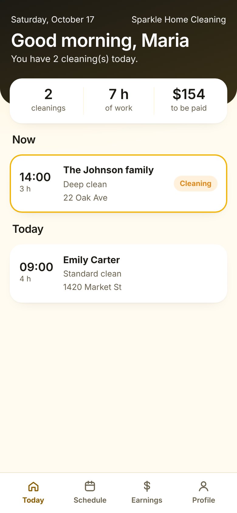 BuzzMaid cleaner app showing the day's jobs